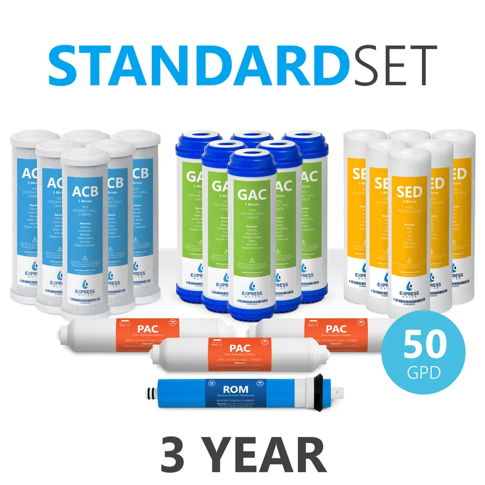 3 Year Reverse Osmosis System Replacement Filter Set – 22 Filters with 50 GPD RO Membrane, Carbon GAC, ACB, PAC Filters, Sediment SED Filters – 10 inch Size Water Filters
