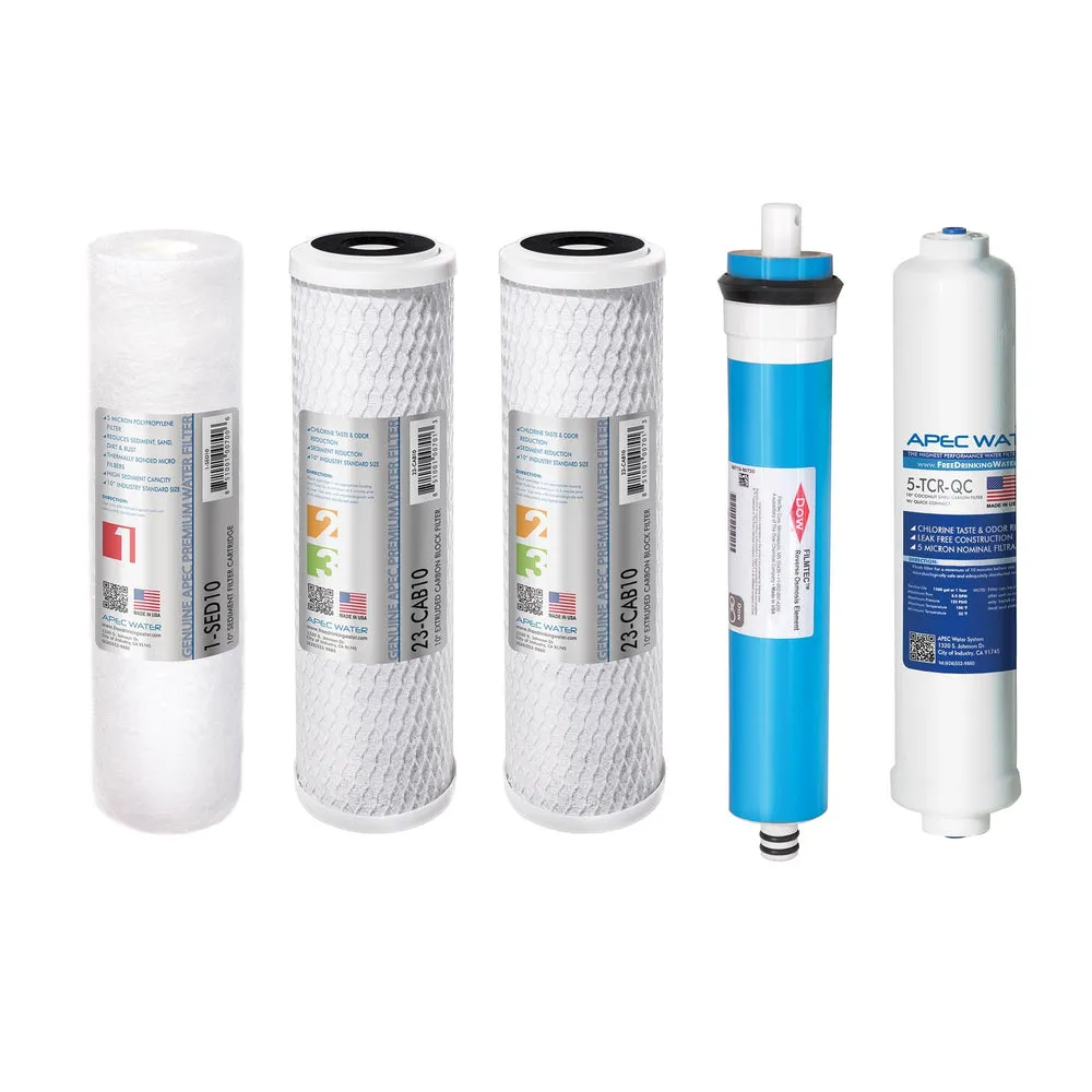 APEC RO Replacement Filters Complete Filter Set for ULTIMATE RO-45 and RO-PUMP Models – With 1/4″ Tubing (Stages 1-5)
